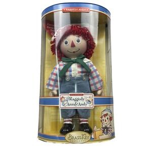 Brass Key Plaid Raggedy Andy Doll 16in Blue Red Porcelain Keepsake Americana Toy
